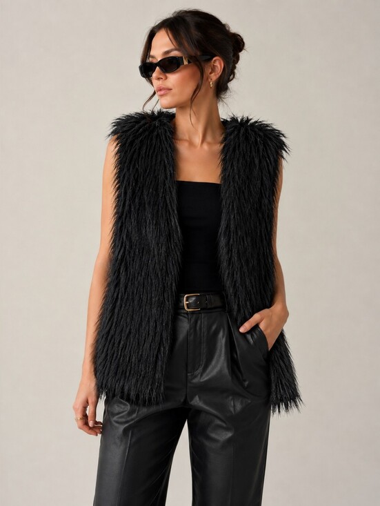 Rose& queen Jackets & Blazers - Rose& Queen Black Faux Fur Long Vest